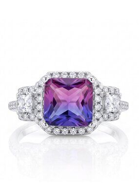 Pink & Purple Emerald Cut Gemstone Ring, 925 Sterling Silver Charmed Aroma